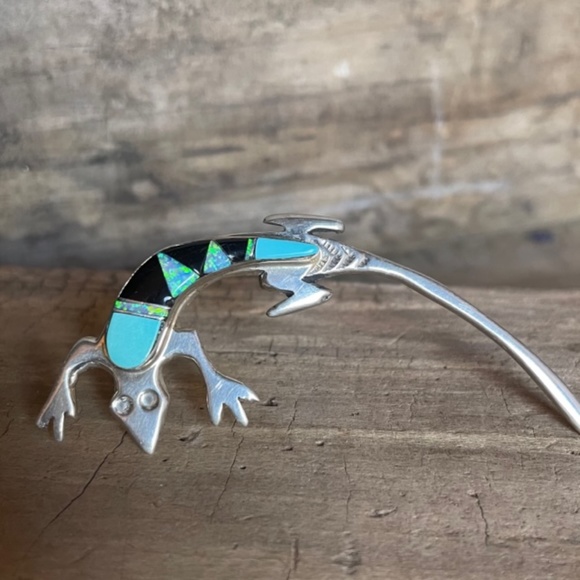 Signed Zuni Blue Fire Opal, Turquoise and Onyx Inlay Native American Liz… - Picture 10 of 10